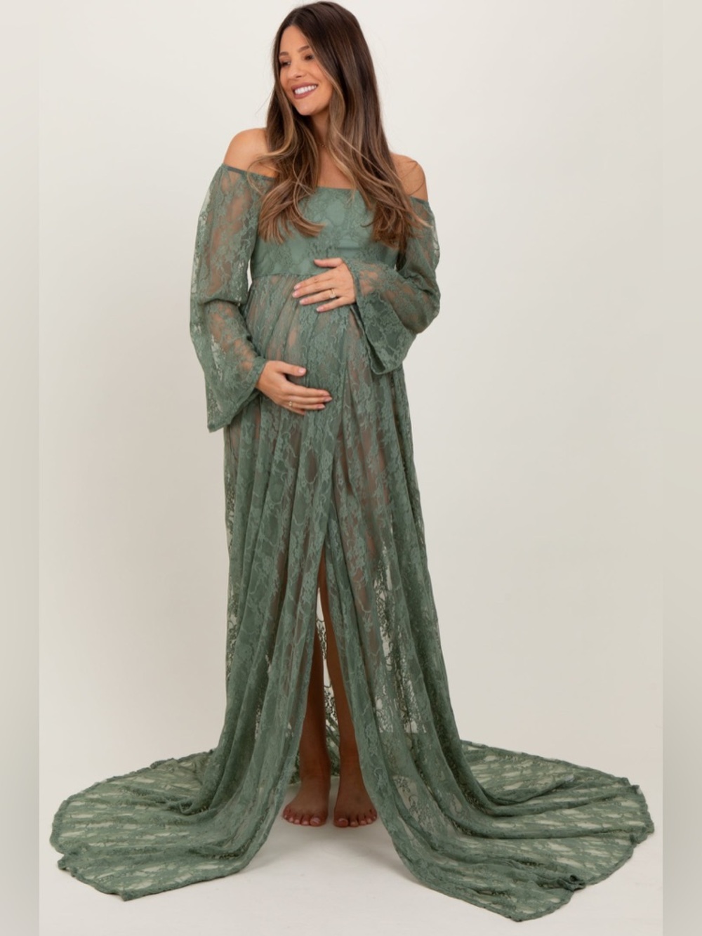 Light Olive Lace Off Shoulder Maternity Photoshoot Gown/Dress